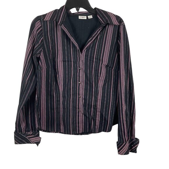 Cato Women Black & Pink Striped Button-Up Long Sleeve Shirt Size S - Picture 1 of 7